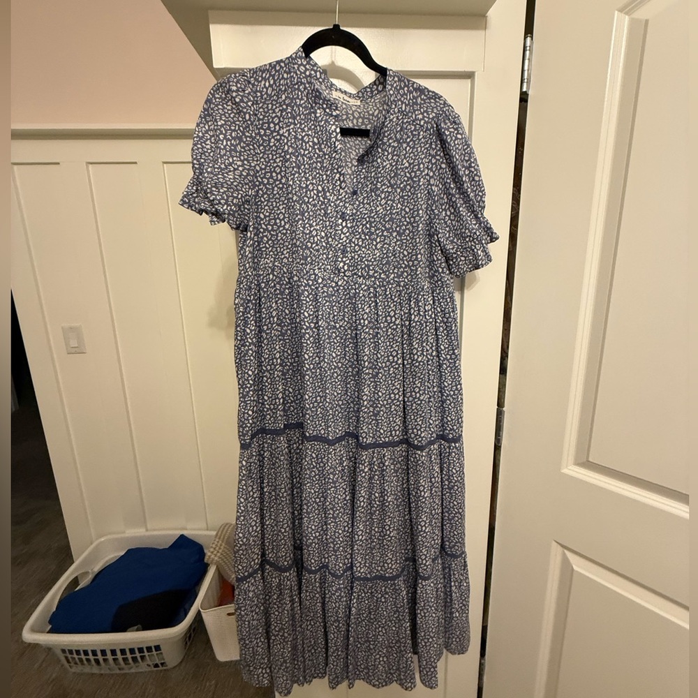 Blue Printed Short-Sleeve Tiered Maxi Dress